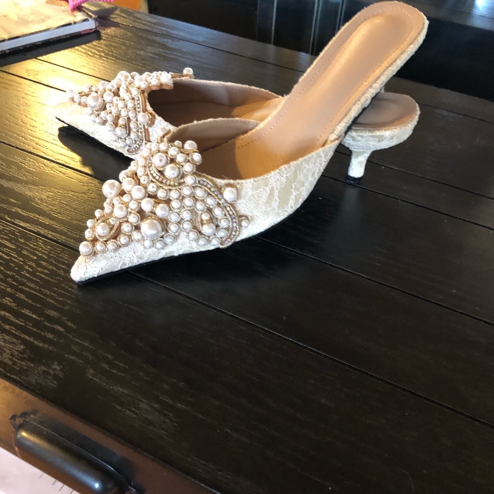 Faux Pearl Decor Kitten Heeled Mules size 41 (US 10). Worn only once!